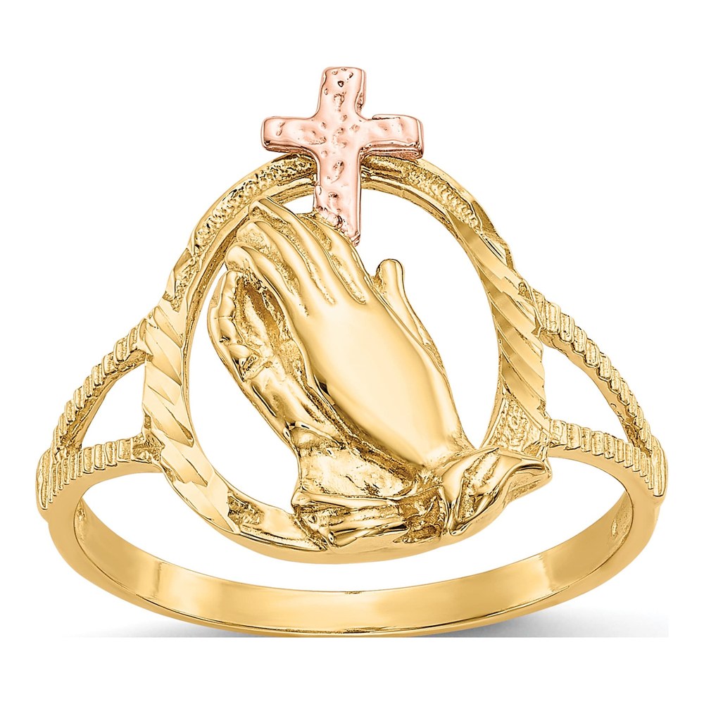 14K Two-Tone Gold Praying Hands Cross Ring