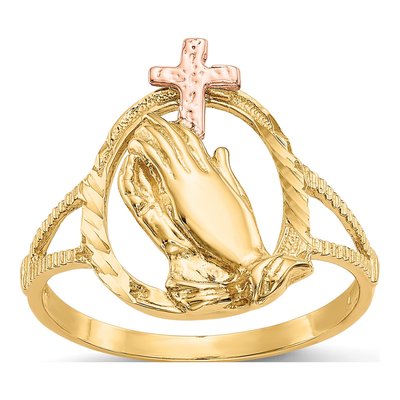 14K Two-Tone Gold Praying Hands Cross Ring
