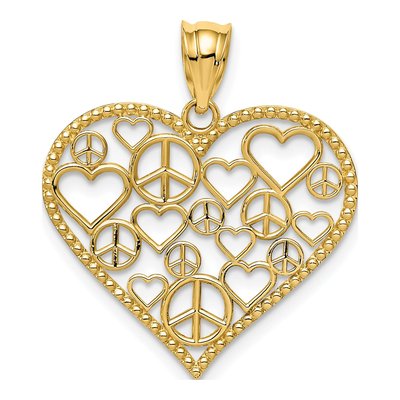 14K Yellow Gold Hearts Peace Signs Pendant
