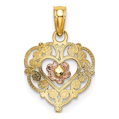 14K Two-Tone Gold Flower Heart Pendant – view 4