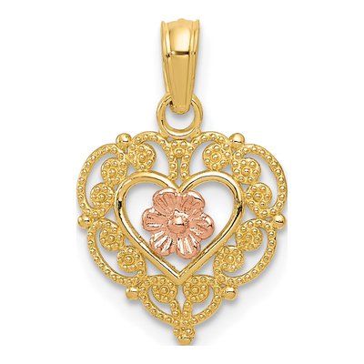 14K Two-Tone Gold Flower Heart Pendant