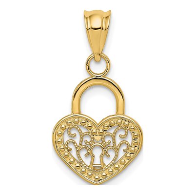 14K Yellow Gold Filigree Heart Lock Charm