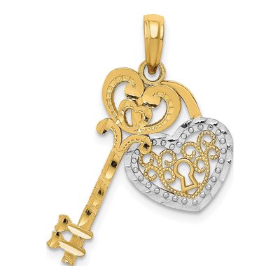 14K Yellow Gold Filigree Heart Key Lock Charm