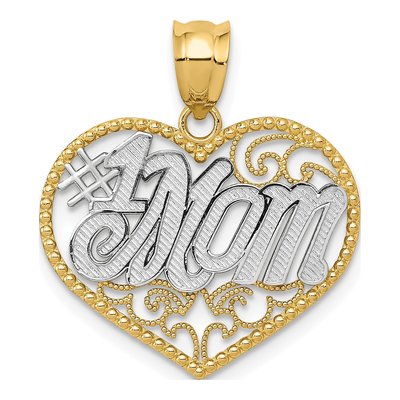 14K Yellow Gold Filigree MOM Heart Number 1 Pendant