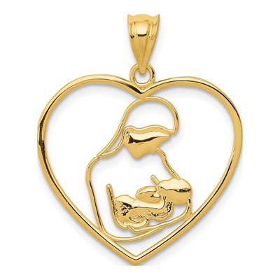 14K Yellow Gold Mother Child Heart Pendant