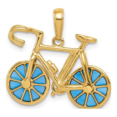 14K Yellow Gold Blue Enamel Bicycle Pendant