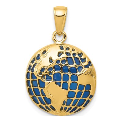 14K Yellow Gold Blue Enameled Globe Pendant