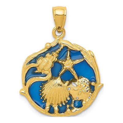 14K Yellow Gold Blue Enamel Shell Cluster Pendant