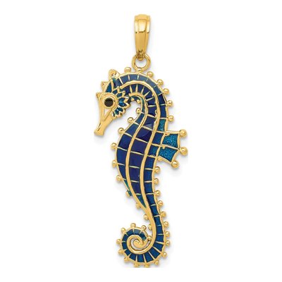 14K Yellow Gold Blue Enamel Seahorse Pendant