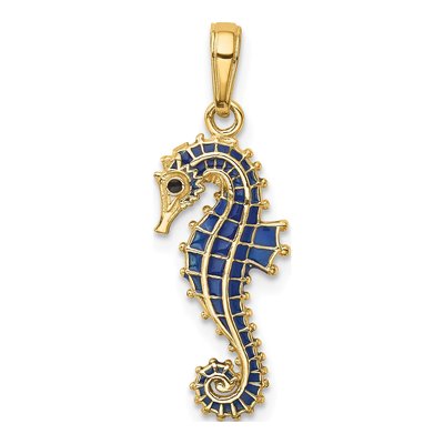 14K Yellow Gold Blue Enamel Seahorse Pendant
