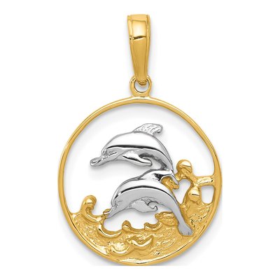 14K Yellow Gold Dolphins Circle Pendant