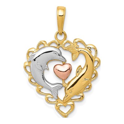 14K Two-Tone Gold Dolphins Heart Pendant