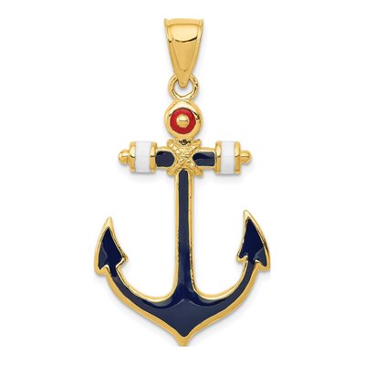14K Yellow Gold Red Blue Enamel Anchor Pendant