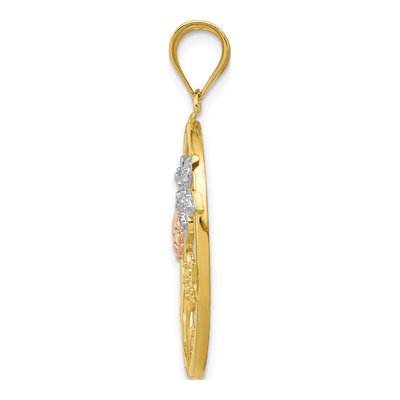 14K Two-Tone Gold Diamond-Cut Oval Floral Pendant – view 3