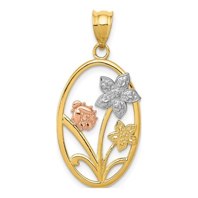 14K Two-Tone Gold Diamond-Cut Oval Floral Pendant