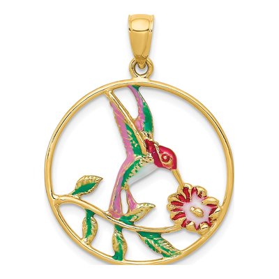 14K Yellow Gold Enameled Hummingbird Pendant