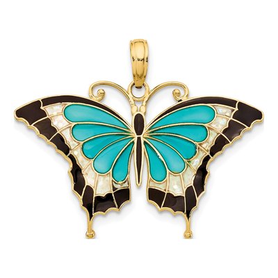 14K Yellow Gold Blue Enamel Butterfly Pendant