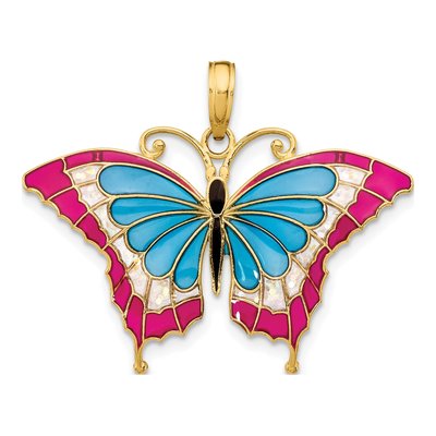 14K Yellow Gold Blue Red Enamel Butterfly Pendant