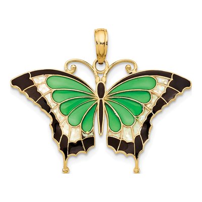 14K Yellow Gold Green Enamel Butterfly Pendant