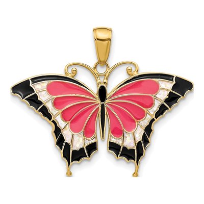 14K Yellow Gold Pink Enamel Butterfly Pendant