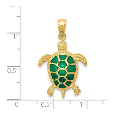 14K Yellow Gold Green Enamel Sea Turtle Pendant – view 5