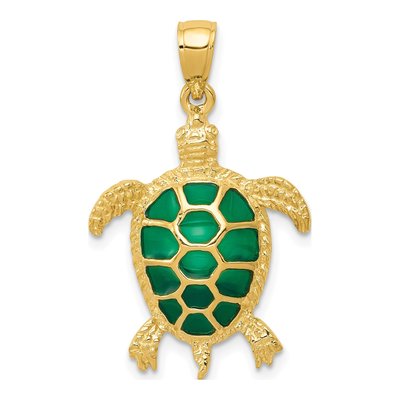 14K Yellow Gold Green Enamel Sea Turtle Pendant
