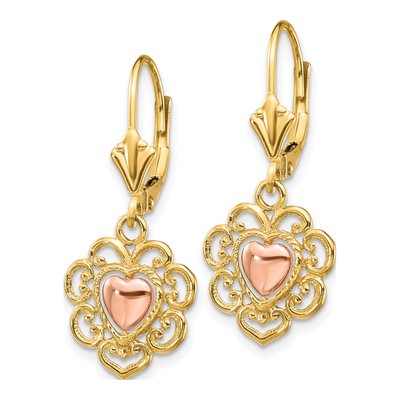 14K Two-Tone Gold Heart Lace Trim Leverback Earrings – view 3