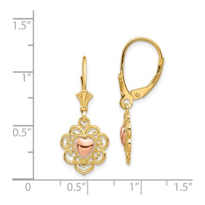 14K Two-Tone Gold Heart Lace Trim Leverback Earrings – view 5