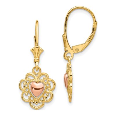 14K Two-Tone Gold Heart Lace Trim Leverback Earrings