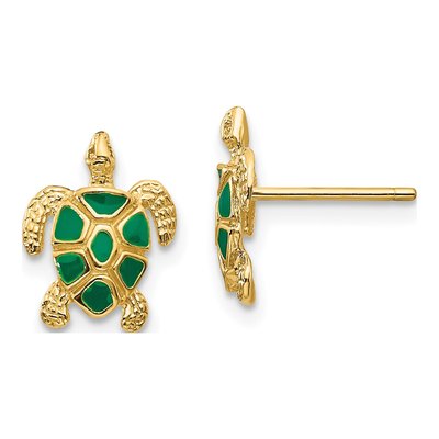 14K Yellow Gold Green Enamel Sea Turtle Stud Earrings