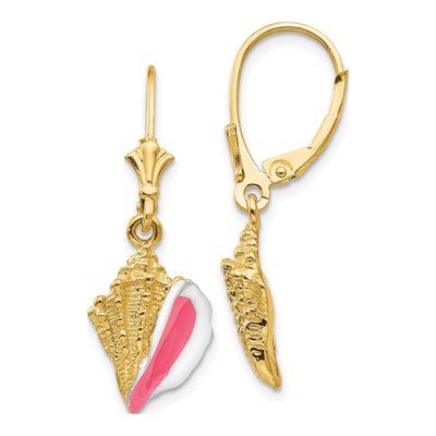 14K Yellow Gold Enameled Conch Shell Leverback Earrings