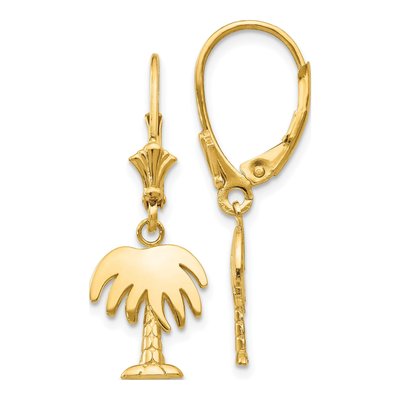 14K Yellow Gold Palm Tree Leverback Earrings