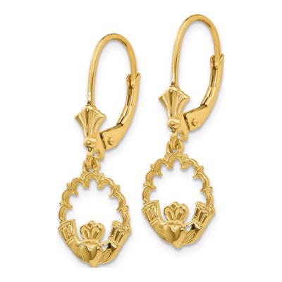 14K Yellow Gold Claddagh Circle Leverback Earrings – view 2