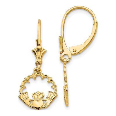 14K Yellow Gold Claddagh Circle Leverback Earrings