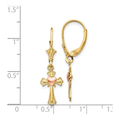14K Two-Tone Gold Heart on Cross Leverback Earrings – view 5
