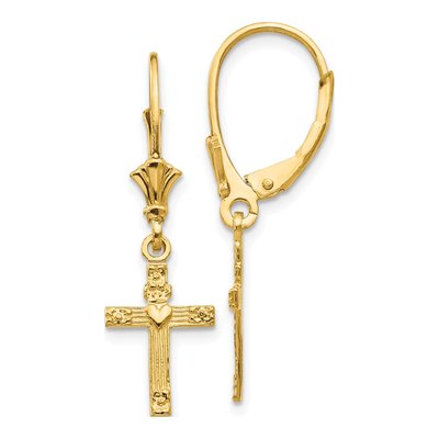 14K Yellow Gold Cross Heart Leverback Earrings