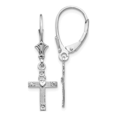 14K White Gold Cross Heart Leverback Earrings