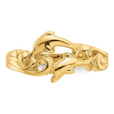 14K Yellow Gold Double Dolphins Waves Ring – view 6