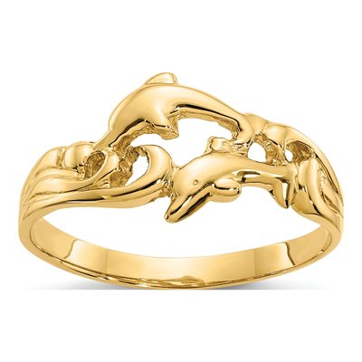 14K Yellow Gold Double Dolphins Waves Ring
