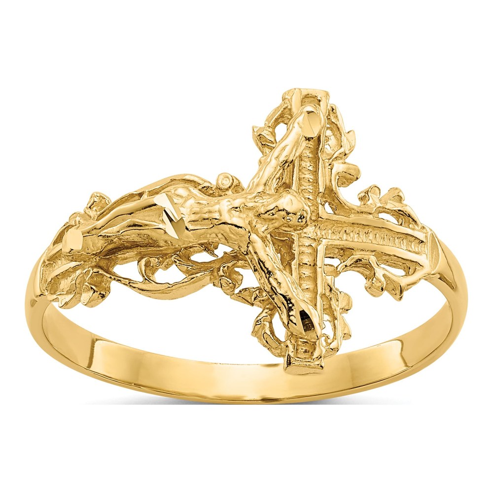 14K Yellow Gold Diamond-Cut Crucifix Ring