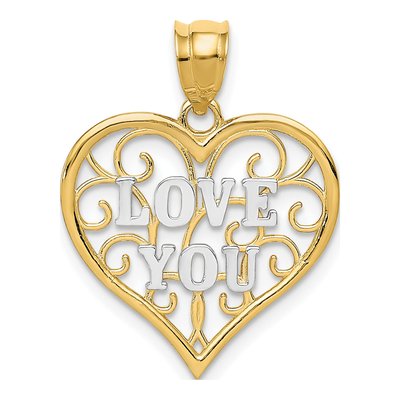 14K Yellow Gold Filigree LOVE YOU Heart Pendant