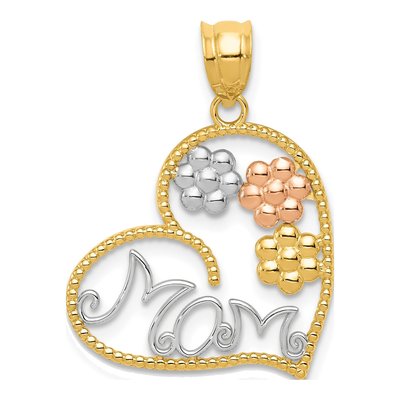 14K Tri-Color Gold MOM Heart Flowers Pendant