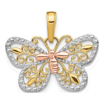 14K Two-Tone Gold Diamond-Cut Butterfly Pendant