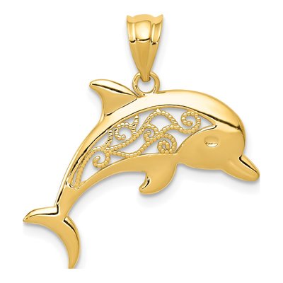 14K Yellow Gold Filigree Dolphin Pendant