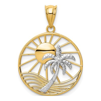 14K Two-Tone Gold Sun Palm Tree Circle Pendant