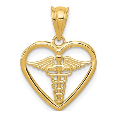 14K Yellow Gold Caduceus Heart Pendant