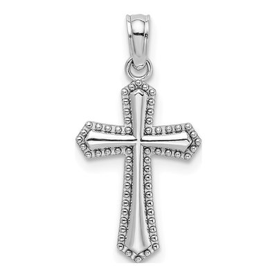 14K White Gold Beaded Trim Cross Pendant