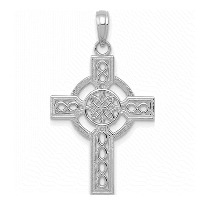 14K White Gold Diamond-Cut Celtic Cross Pendant