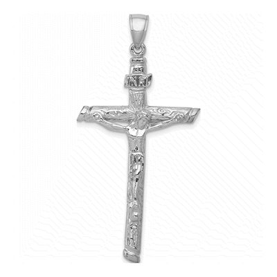 14K White Gold Textured Tree INRI Crucifix Pendant