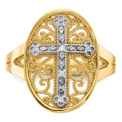 14K Two-Tone Gold Diamond Cross Filigree Ring – view 6